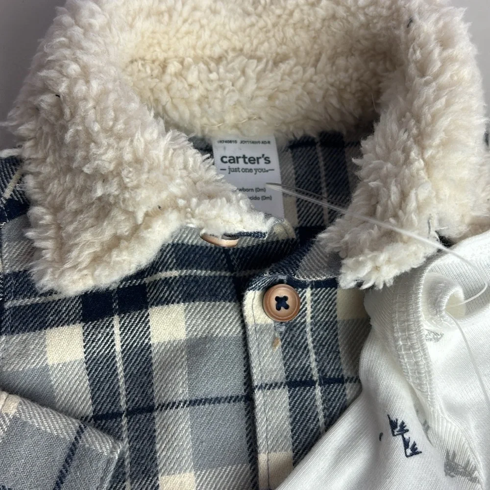 Carter's Plaid Jacket Sherpa Collar, Wolf Mountain Onesie and Navy Pants Set